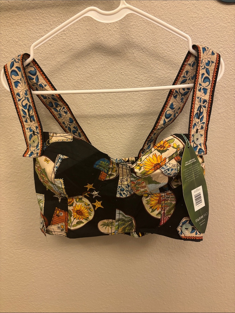 FARM Rio Black Crop Top with Blue-Accented Floral Print Straps